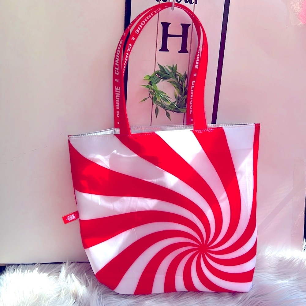 Clinique  reversible Silver Red & White Peppermint Metallic Tote Travel Bag